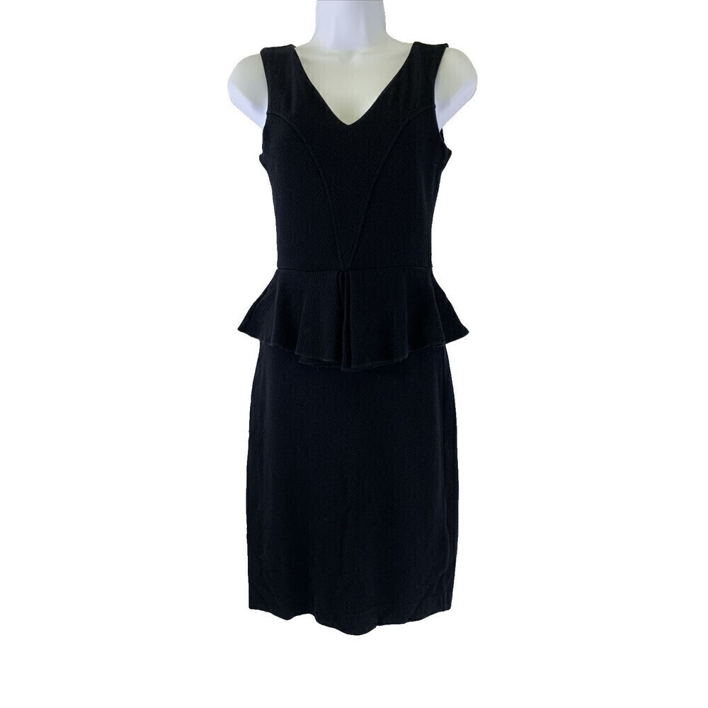 Ganni Peplum Sheath Dress Black Crepe V-Neck Knee Sleeveless Back Zip Womens XS